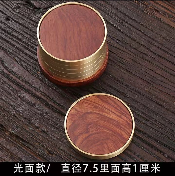 Đế chén gỗ hồng sắc bọc đồng - kèm đế - KT: 7.5cm