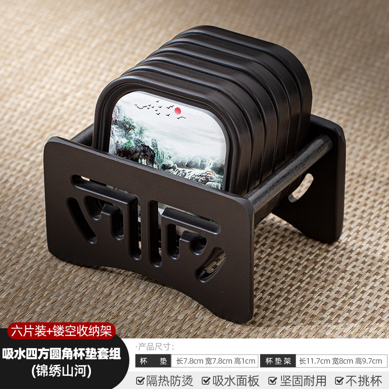 Đế chén phíp - bộ 6 cái kèm đế - KT: 7.5cm - hoạ tiết: sơn thuỷ hữu tình