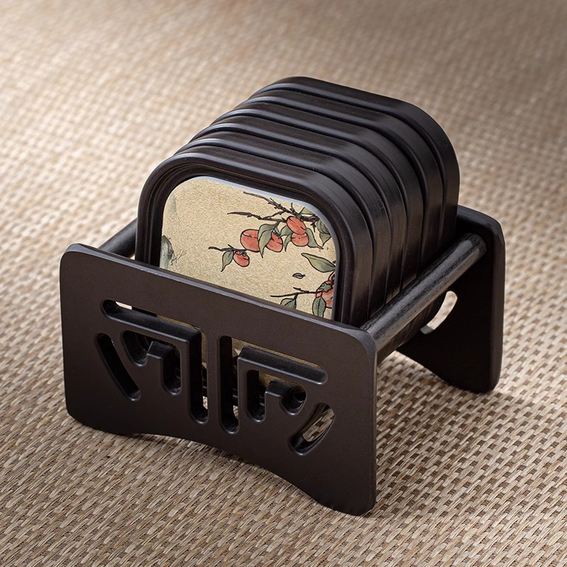 Đế chén phíp - bộ 6 cái kèm đế - KT: 7.5cm - hoạ tiết: Cành hồng