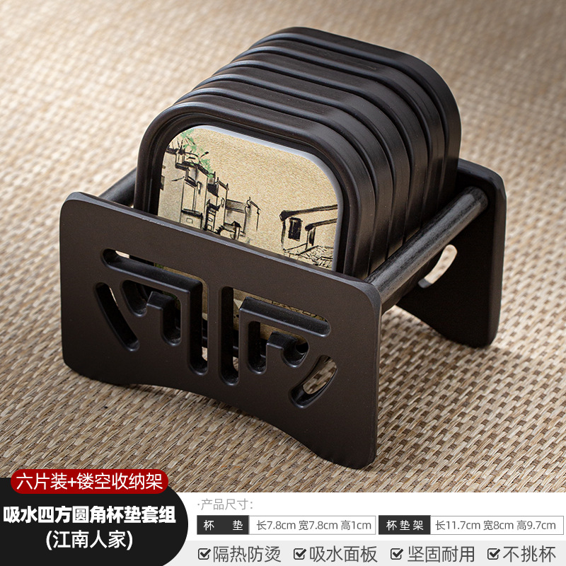 Đế chén phíp - bộ 6 cái kèm đế - KT: 7.5cm - hoạ tiết: Làng cổ