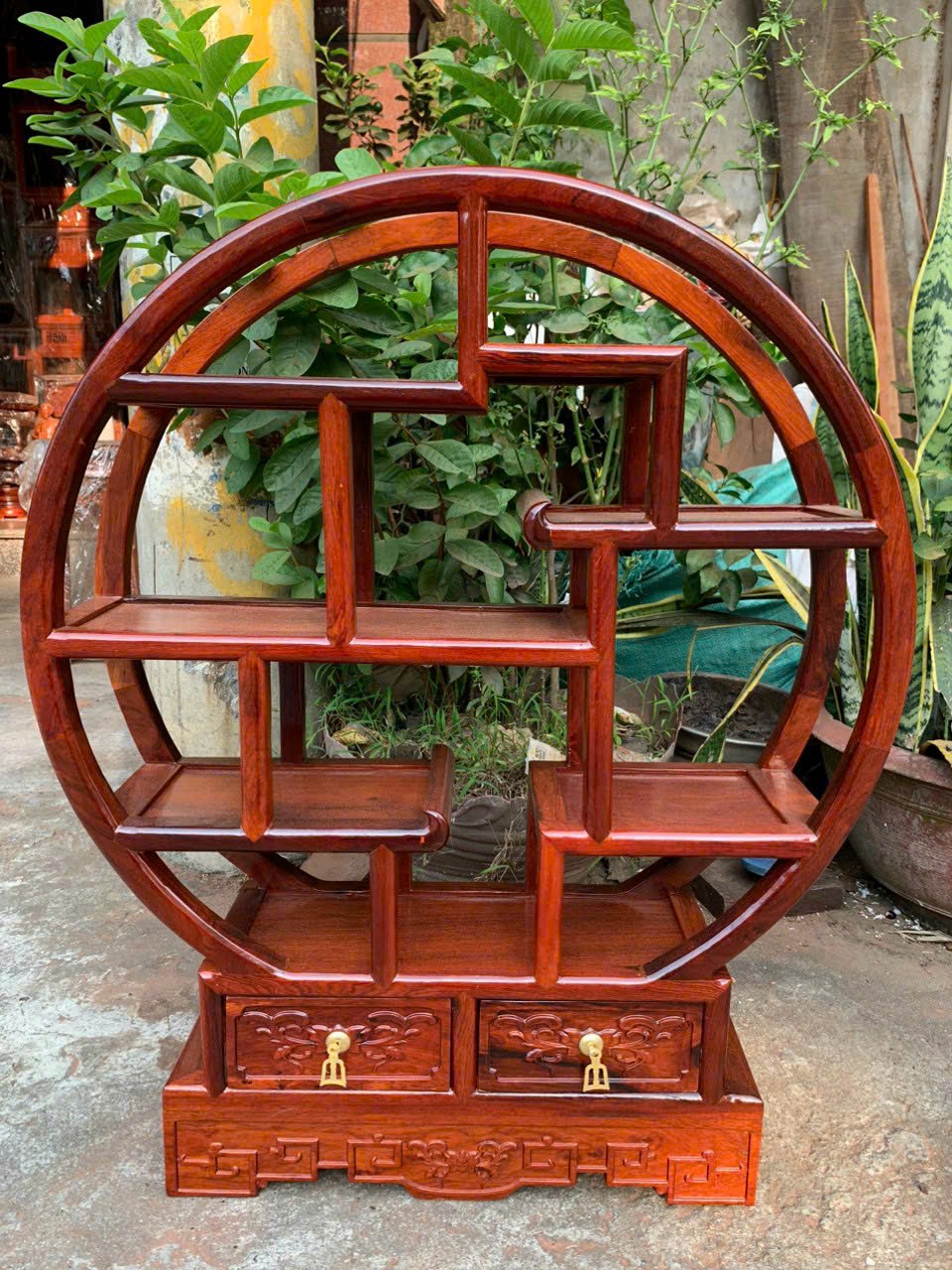 Kệ trưng bày gỗ hương lào - Kệ tròn to 2 ngăn kéo  - KT: 80*75*20cm/ tay gỗ 2,5cm