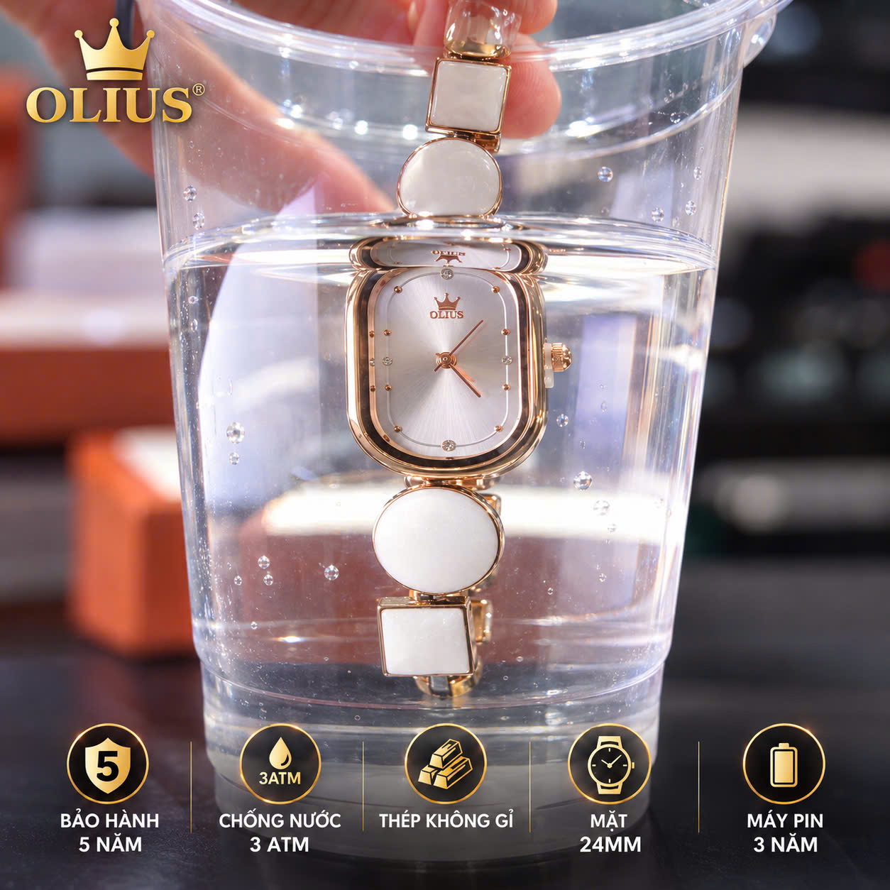 ĐỒNG HỒ NỮ OLIUS MẶT CHỮ NHẬT 24MM - DÂY NGỌC TRẮNG VÀNG HỒNG - MÁY QUARTZ
