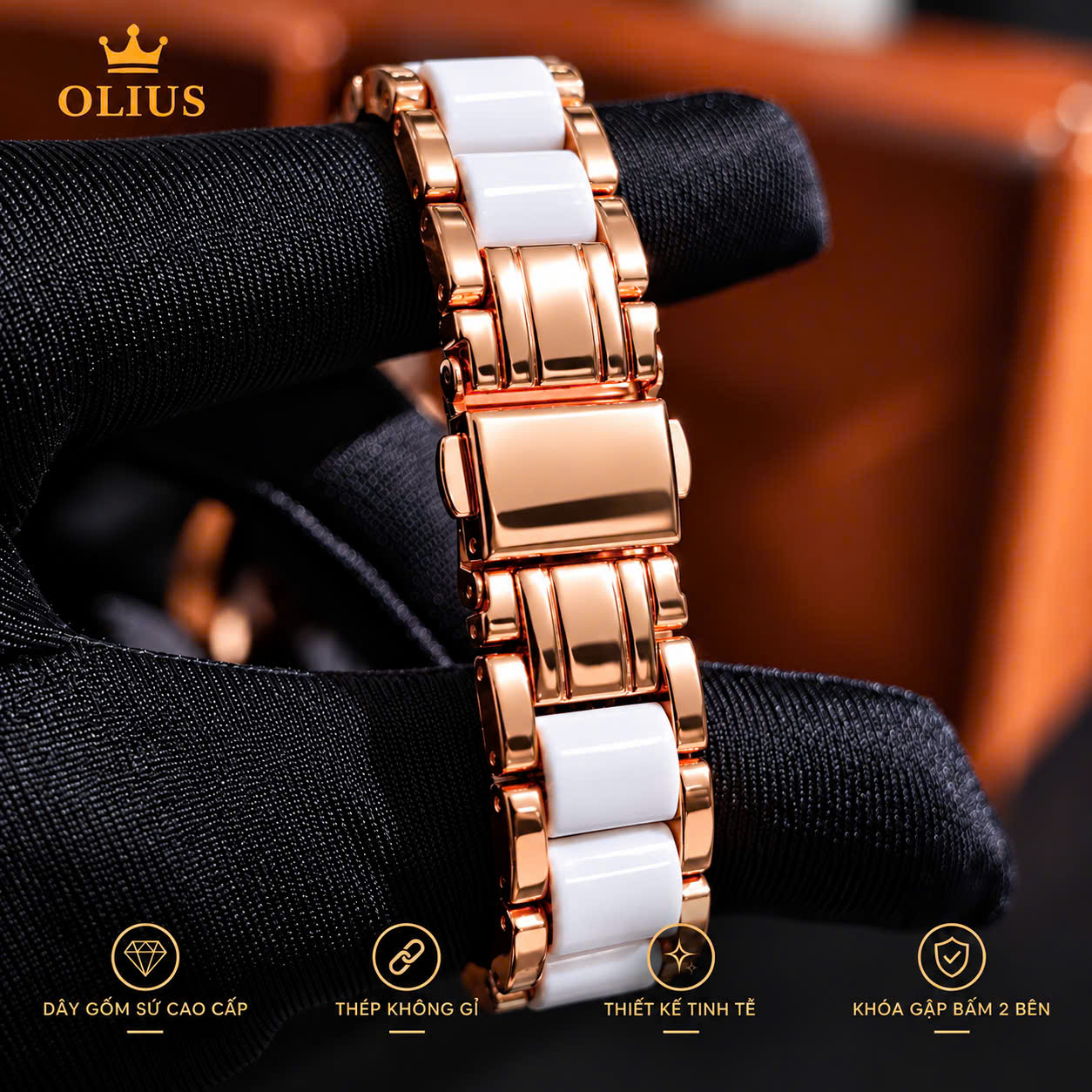 ĐỒNG HỒ NỮ OLIUS 28MM VÀNG HỒNG MẶT TRẮNG – DÂY GỐM SỨ – ĐÍNH ĐÁ PHA LÊ – MÁY QUARTZ