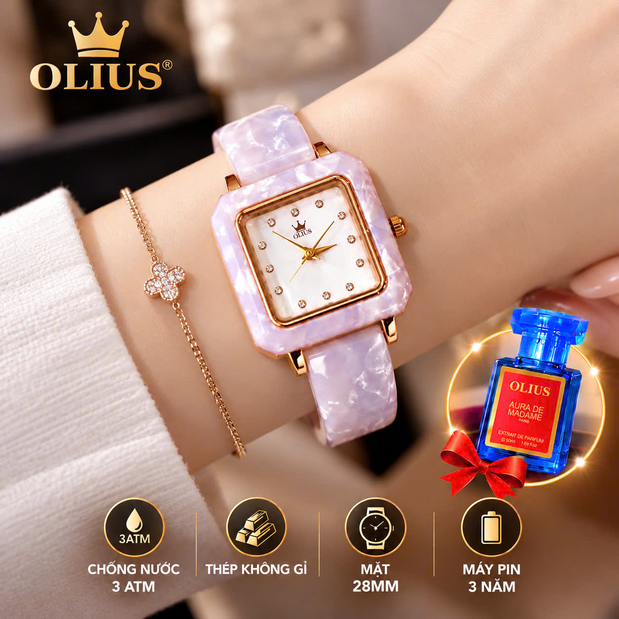 ĐỒNG HỒ NỮ OLIUS MẶT VUÔNG 28MM – MẶT TRẮNG – DÂY ĐỒI MỒI TRẮNG NGÀ – MÁY QUARTZ