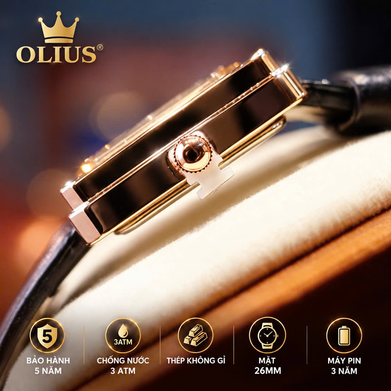 ĐỒNG HỒ NỮ OLIUS MẶT CHỮ NHẬT FULL ĐÍNH ĐÁ 26MM - DÂY DA THẬT - MÁY QUARTZ
