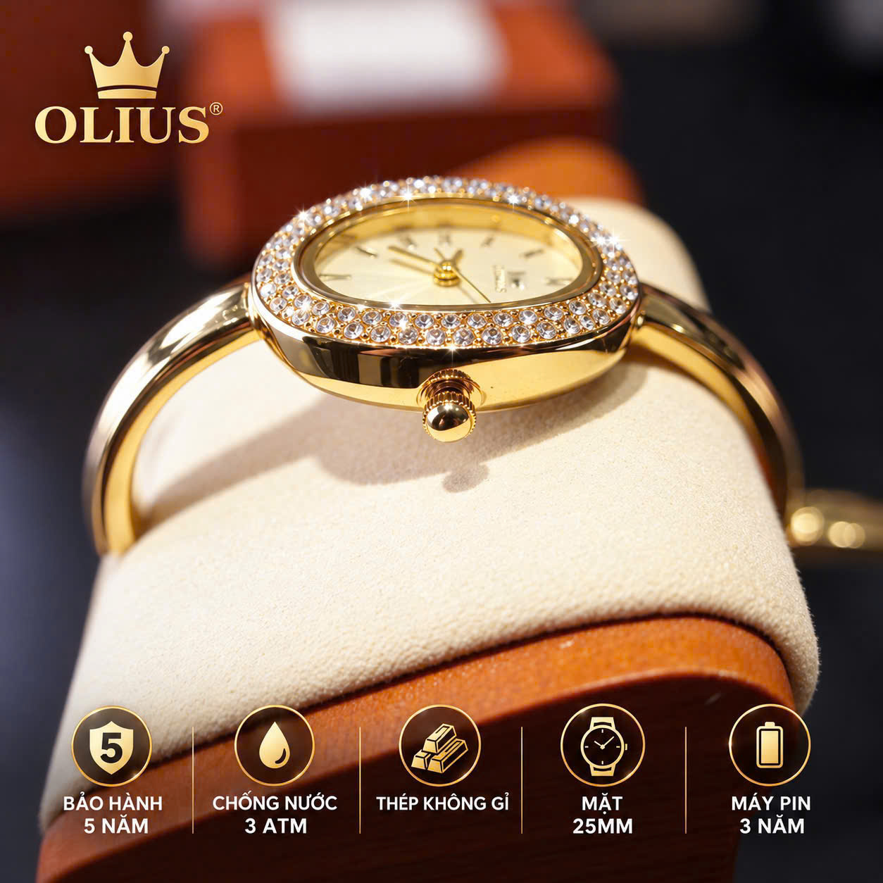 ĐỒNG HỒ NỮ OLIUS MẶT ELIP 25MM – MẶT VÀNG – DÂY VÀNG HỒNG ĐÚC ĐẶC – MÁY QUARTZ