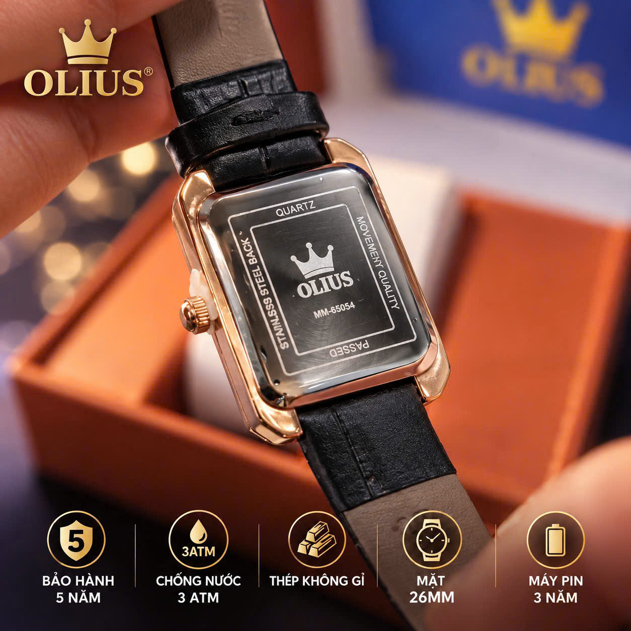ĐỒNG HỒ NỮ OLIUS MẶT CHỮ NHẬT FULL ĐÍNH ĐÁ 26MM - DÂY DA THẬT - MÁY QUARTZ