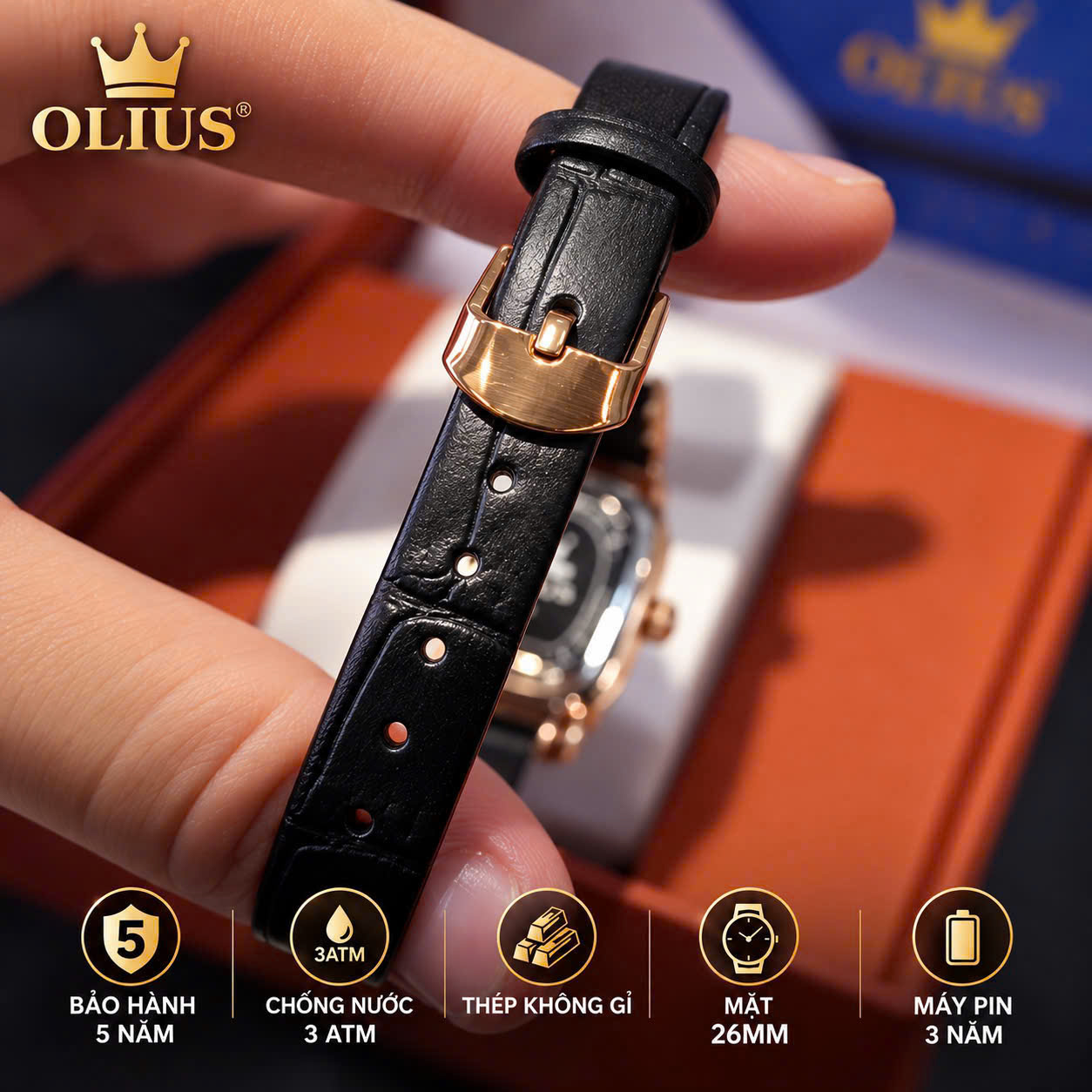 ĐỒNG HỒ NỮ OLIUS MẶT CHỮ NHẬT FULL ĐÍNH ĐÁ 26MM - DÂY DA THẬT - MÁY QUARTZ