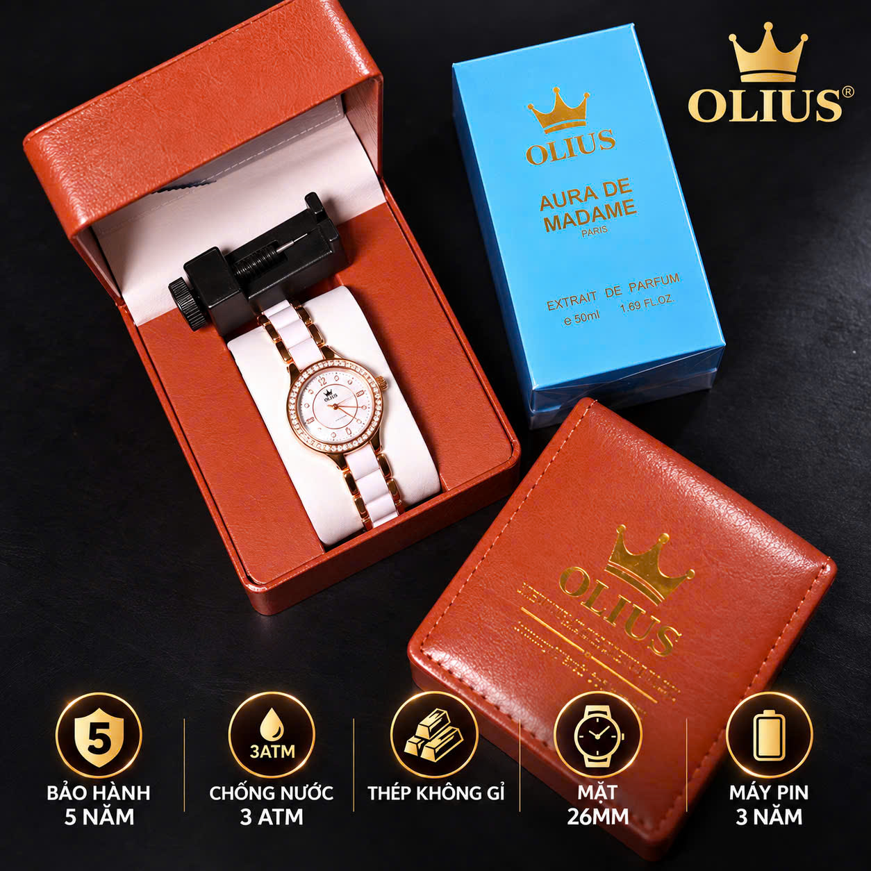 ĐỒNG HỒ NỮ OLIUS 28MM VÀNG HỒNG MẶT TRẮNG – DÂY GỐM SỨ – ĐÍNH ĐÁ PHA LÊ – MÁY QUARTZ
