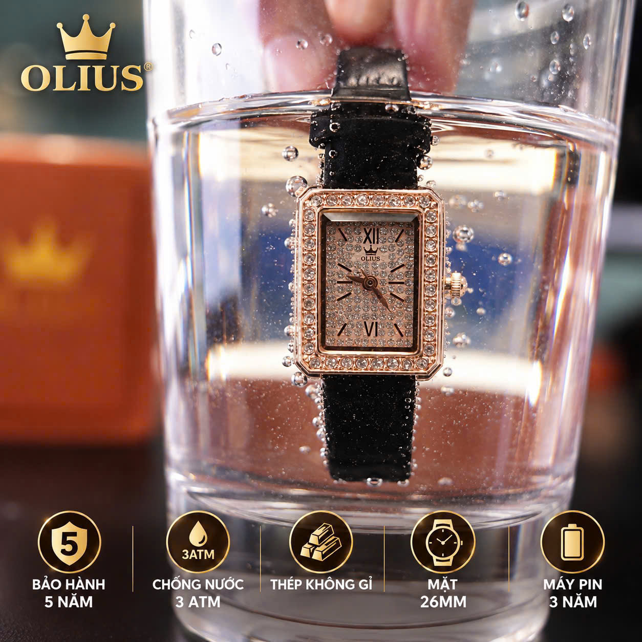 ĐỒNG HỒ NỮ OLIUS MẶT CHỮ NHẬT FULL ĐÍNH ĐÁ 26MM - DÂY DA THẬT - MÁY QUARTZ
