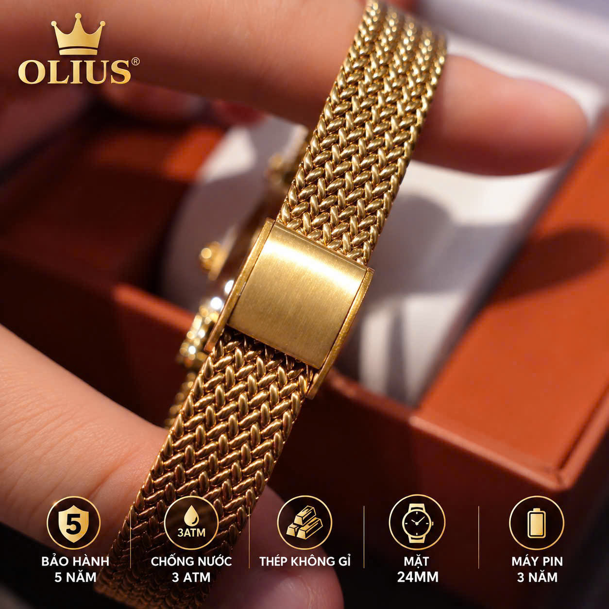 ĐỒNG HỒ NỮ OLIUS MẶT CHỮ NHẬT 24MM – MẶT VÀNG – DÂY THÉP TẾT SỢI FULL VÀNG
