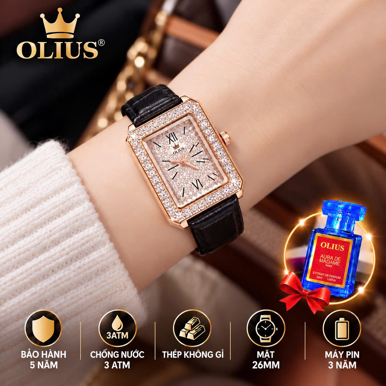 ĐỒNG HỒ NỮ OLIUS MẶT CHỮ NHẬT FULL ĐÍNH ĐÁ 26MM - DÂY DA THẬT - MÁY QUARTZ