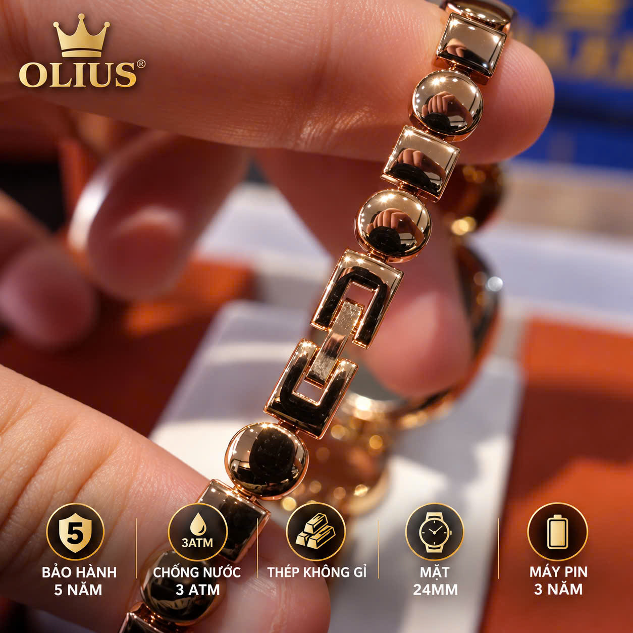 ĐỒNG HỒ NỮ OLIUS MẶT CHỮ NHẬT 24MM - DÂY NGỌC TRẮNG VÀNG HỒNG - MÁY QUARTZ