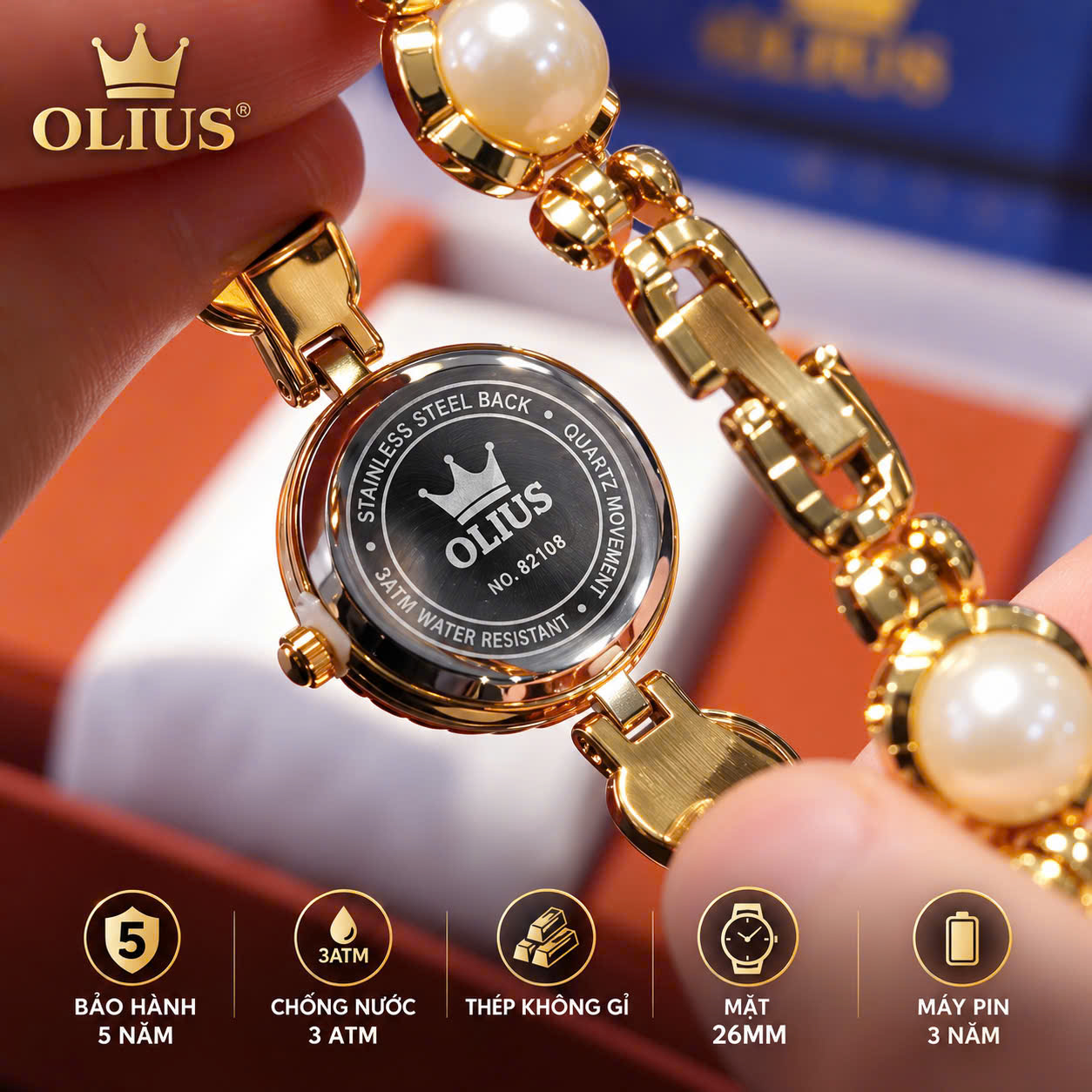 ĐỒNG HỒ NỮ OLIUS MẶT TRÒN 26MM – MẶT VÀNG – DÂY NGỌC TRAI TRẮNG – THÉP VÀNG HỒNG – MÁY QUARTZ
