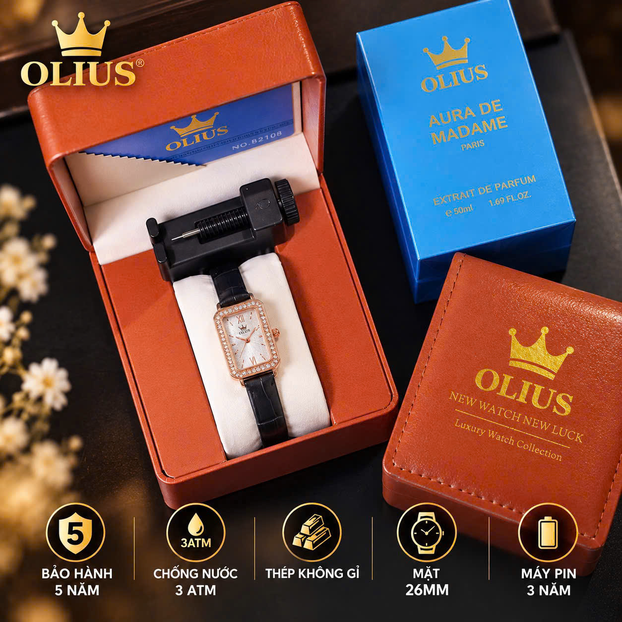 ĐỒNG HỒ NỮ OLIUS MẶT CHỮ NHẬT FULL ĐÍNH ĐÁ 26MM - DÂY DA THẬT - MÁY QUARTZ