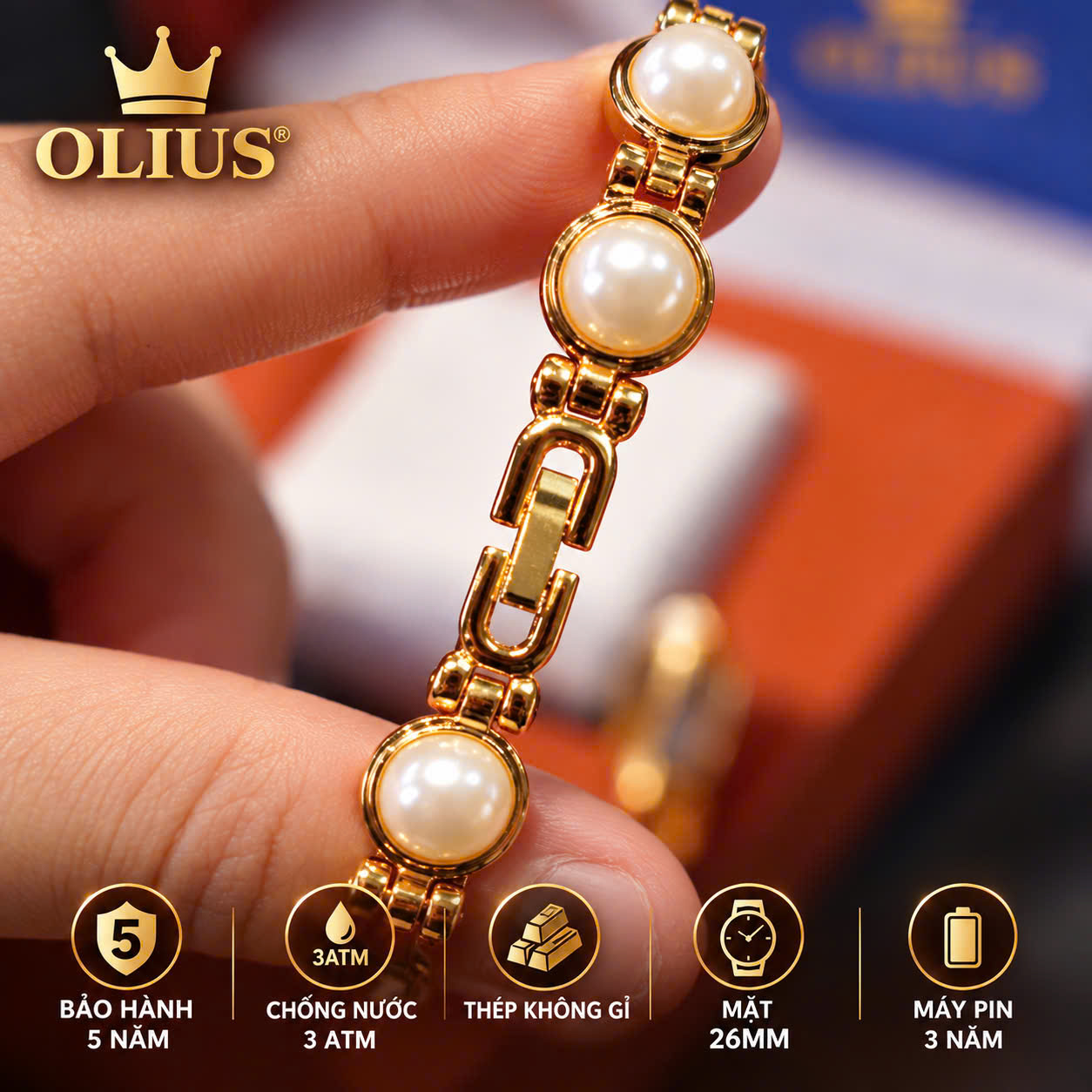 ĐỒNG HỒ NỮ OLIUS MẶT TRÒN 26MM – MẶT VÀNG – DÂY NGỌC TRAI TRẮNG – THÉP VÀNG HỒNG – MÁY QUARTZ