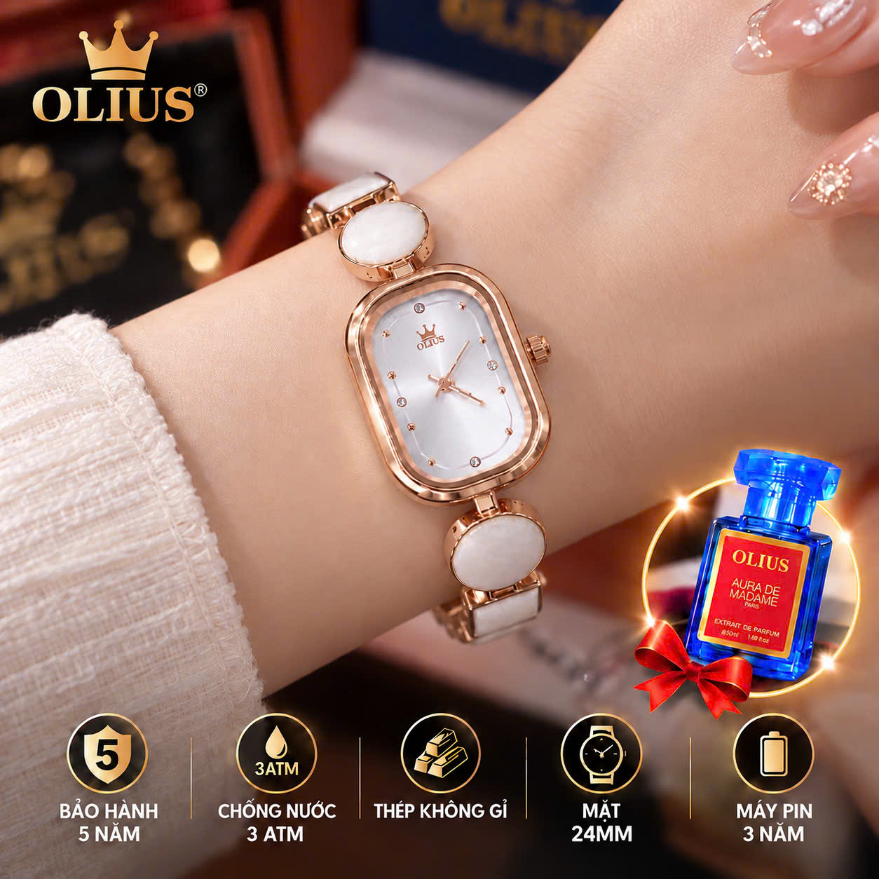 ĐỒNG HỒ NỮ OLIUS MẶT CHỮ NHẬT 24MM - DÂY NGỌC TRẮNG VÀNG HỒNG - MÁY QUARTZ