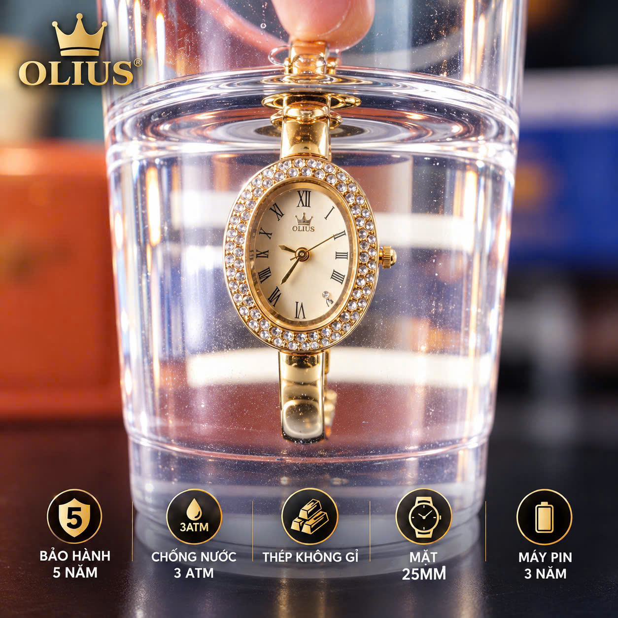 ĐỒNG HỒ NỮ OLIUS MẶT ELIP 25MM – MẶT VÀNG – DÂY VÀNG HỒNG ĐÚC ĐẶC – MÁY QUARTZ