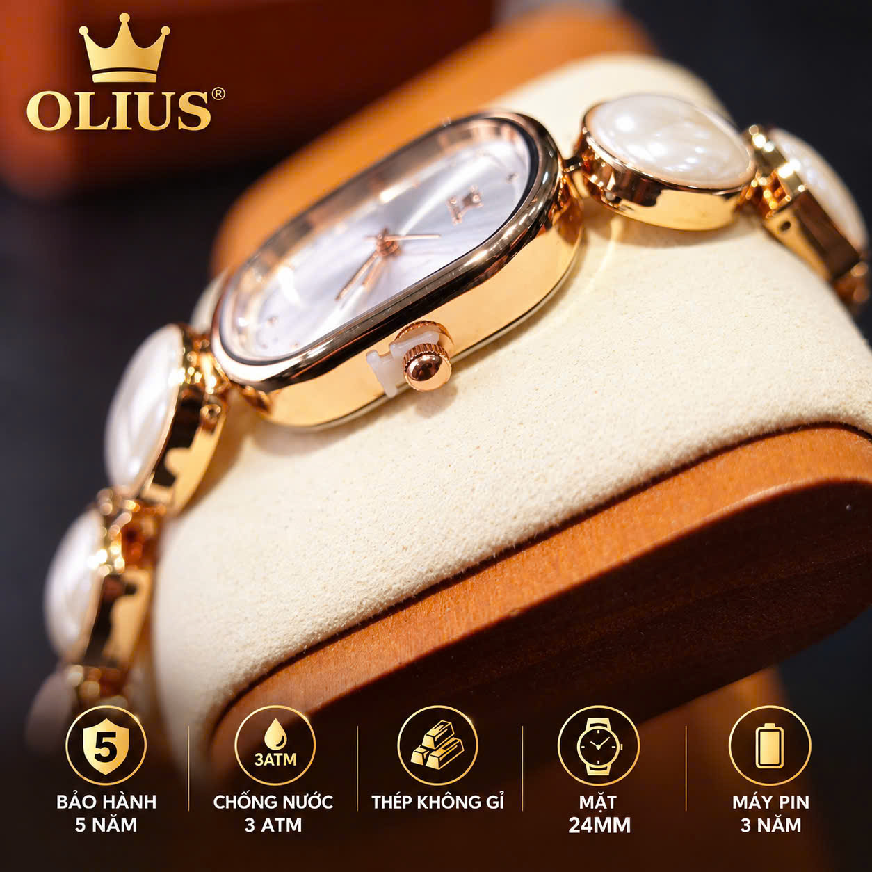 ĐỒNG HỒ NỮ OLIUS MẶT CHỮ NHẬT 24MM - DÂY NGỌC TRẮNG VÀNG HỒNG - MÁY QUARTZ