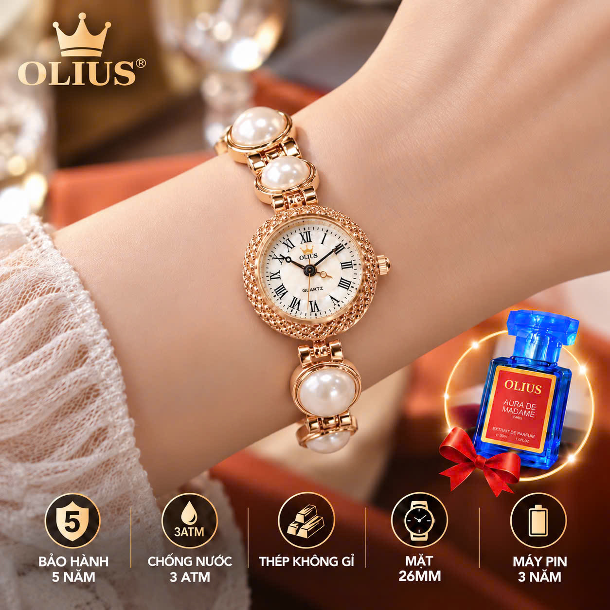 ĐỒNG HỒ NỮ OLIUS MẶT TRÒN 26MM – MẶT VÀNG – DÂY NGỌC TRAI TRẮNG – THÉP VÀNG HỒNG – MÁY QUARTZ