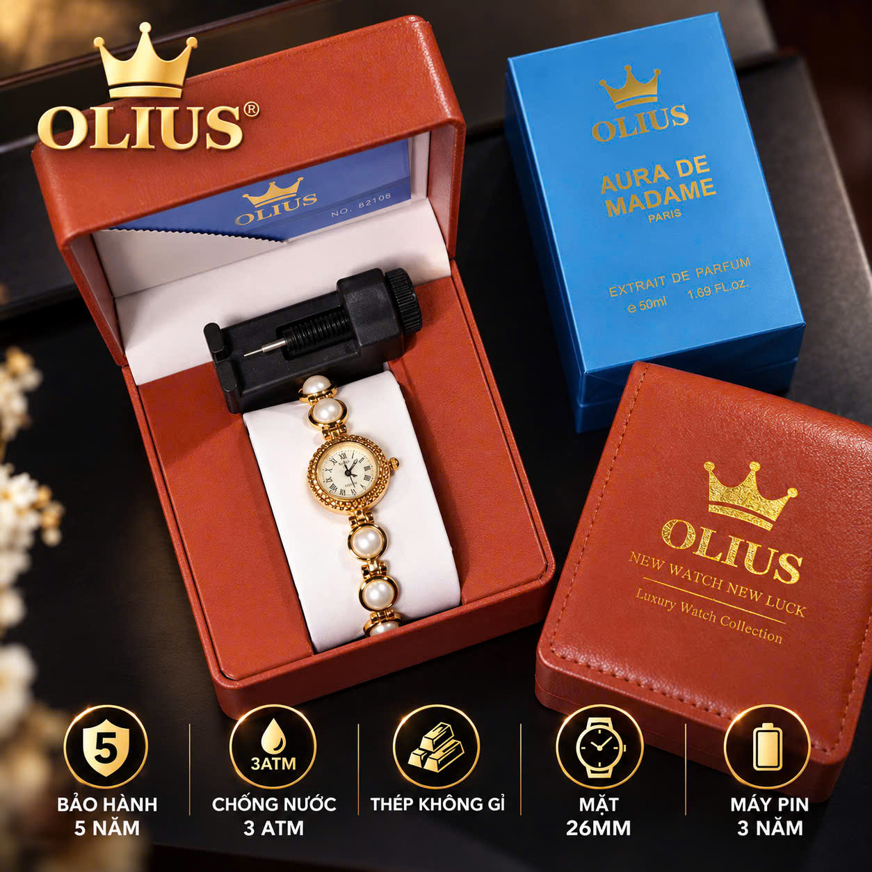 ĐỒNG HỒ NỮ OLIUS MẶT TRÒN 26MM – MẶT VÀNG – DÂY NGỌC TRAI TRẮNG – THÉP VÀNG HỒNG – MÁY QUARTZ