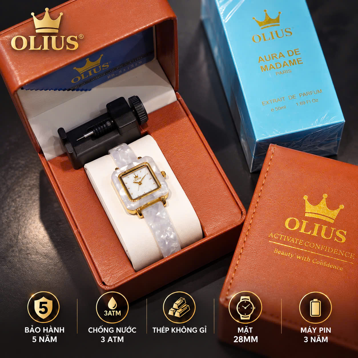ĐỒNG HỒ NỮ OLIUS MẶT VUÔNG 28MM – MẶT TRẮNG – DÂY ĐỒI MỒI TRẮNG NGÀ – MÁY QUARTZ