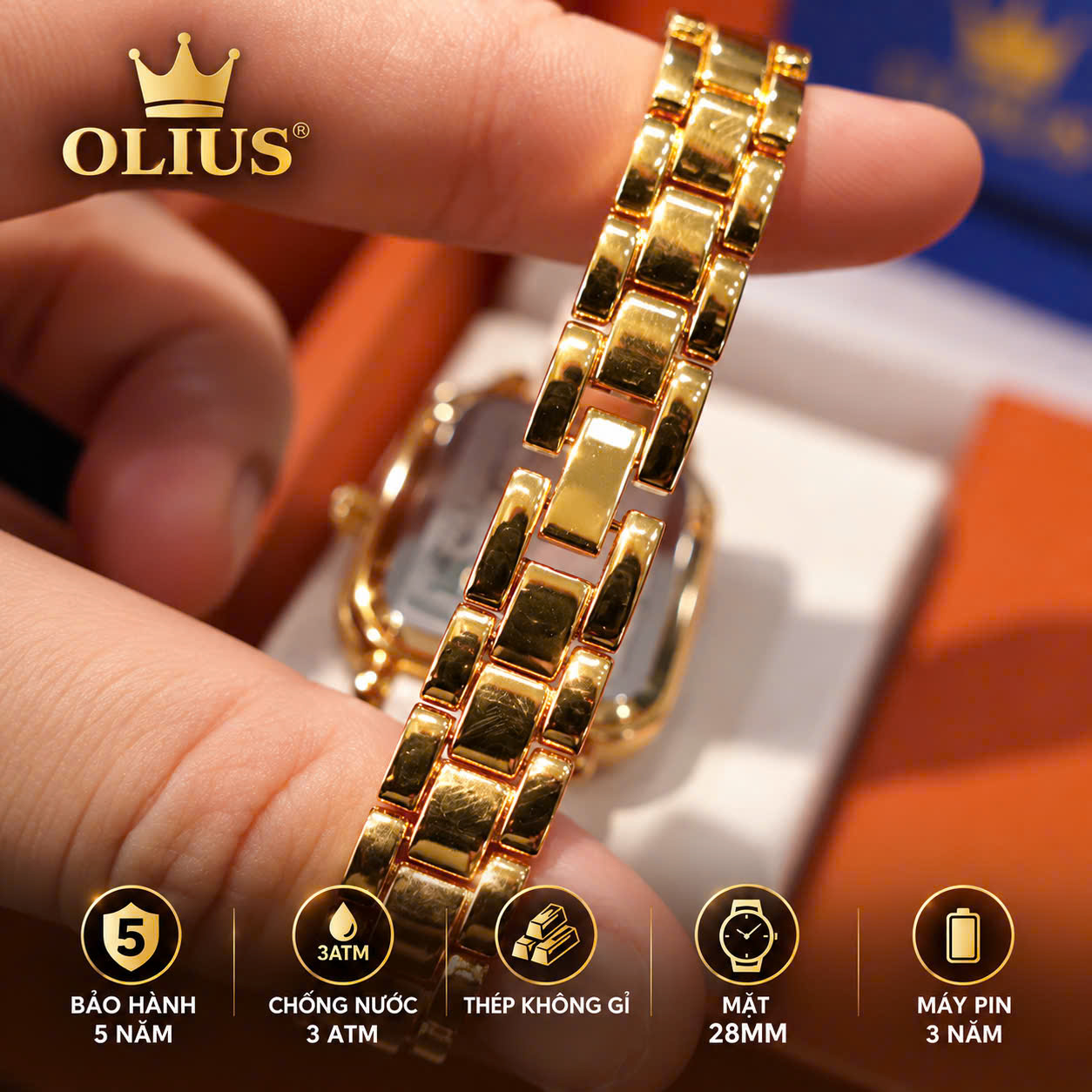 ĐỒNG HỒ NỮ OLIUS MẶT VUÔNG 28MM – MẶT TRẮNG – DÂY ĐỒI MỒI TRẮNG NGÀ – MÁY QUARTZ