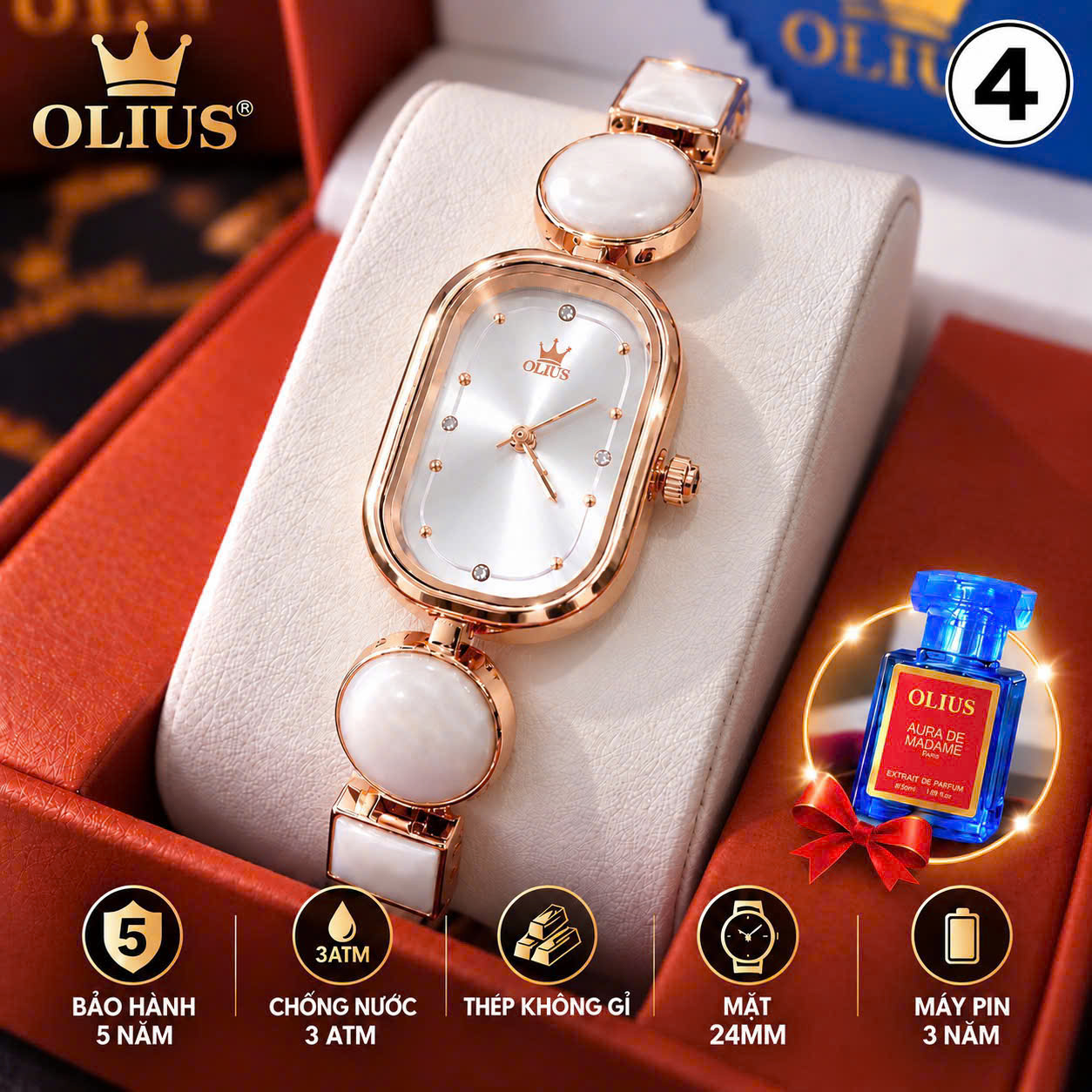 ĐỒNG HỒ NỮ OLIUS MẶT CHỮ NHẬT 24MM - DÂY NGỌC TRẮNG VÀNG HỒNG - MÁY QUARTZ