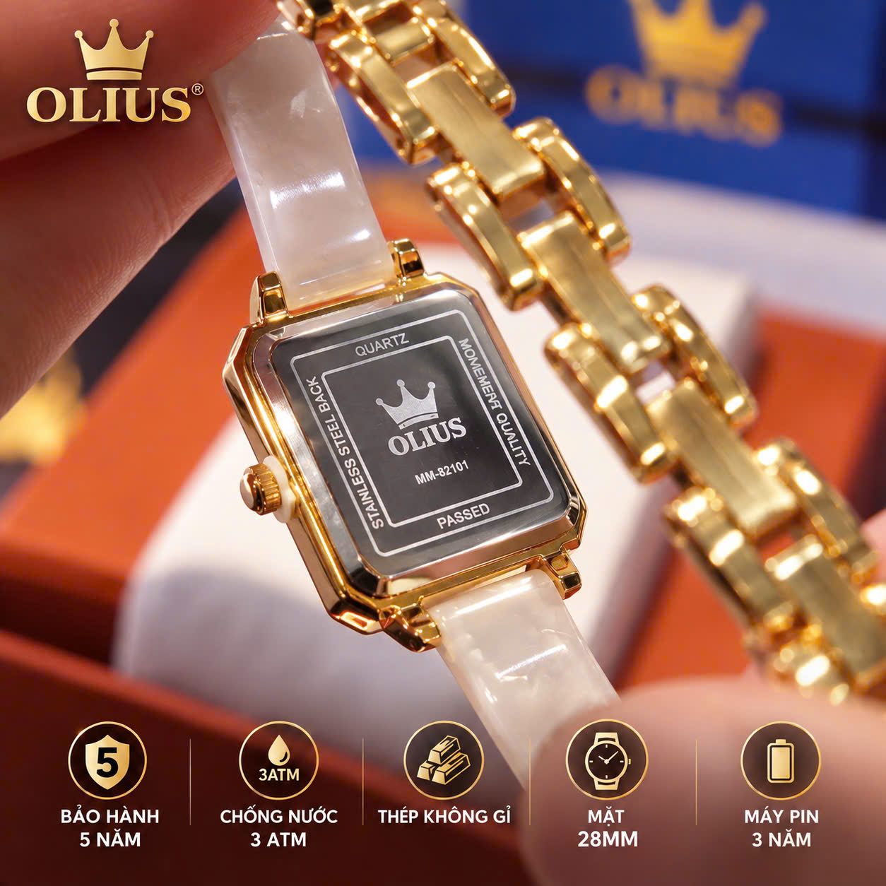 ĐỒNG HỒ NỮ OLIUS MẶT VUÔNG 28MM – MẶT TRẮNG – DÂY ĐỒI MỒI TRẮNG NGÀ – MÁY QUARTZ