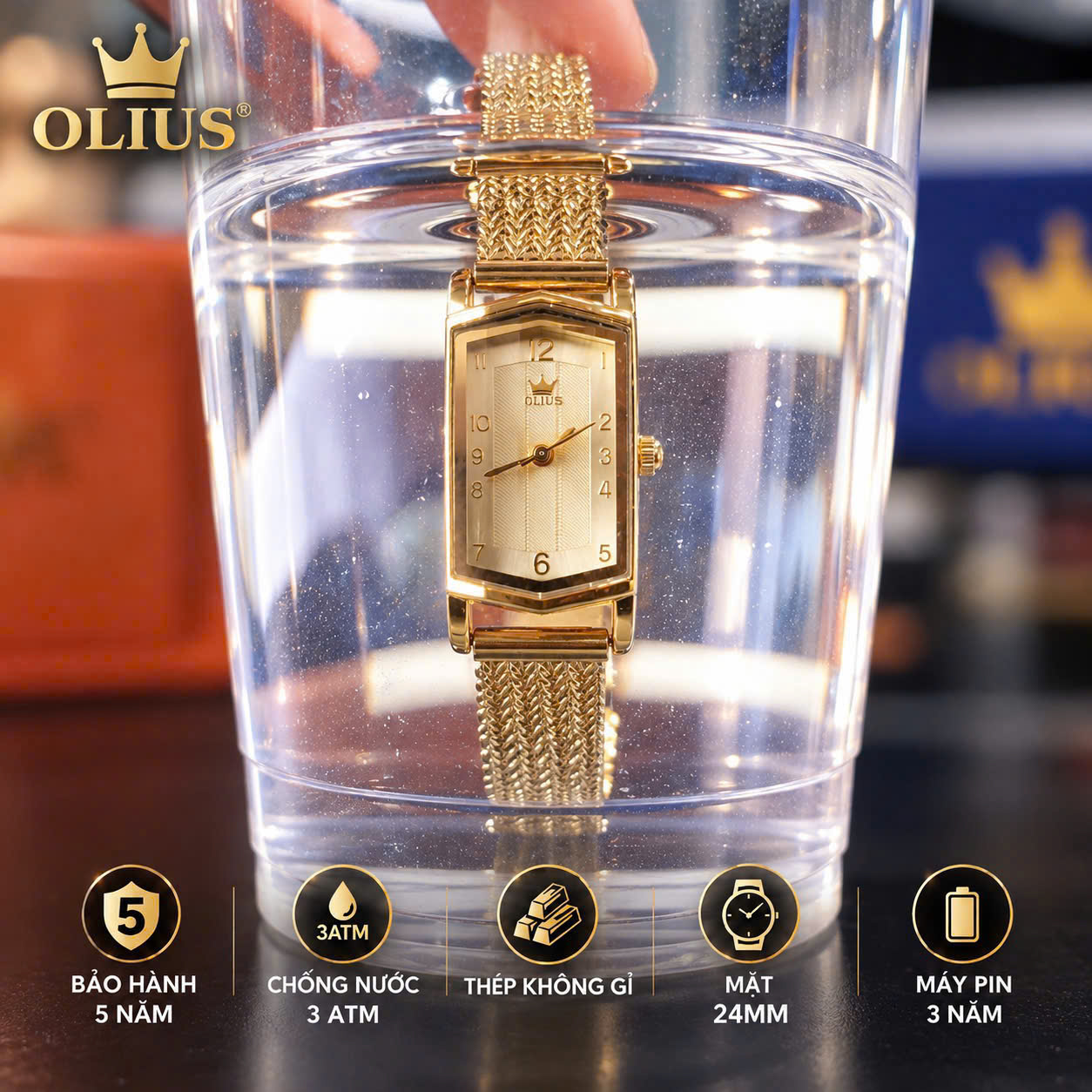 ĐỒNG HỒ NỮ OLIUS MẶT CHỮ NHẬT 24MM – MẶT VÀNG – DÂY THÉP TẾT SỢI FULL VÀNG