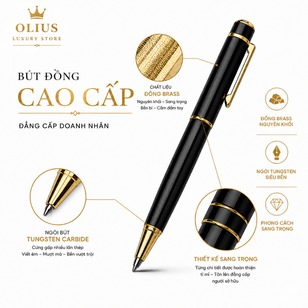 Bút Đồng, Bút Thép OLIUS Cao Cấp từ Đồng Brass Nguyên Khối  - Bút Ký cho Doanh Nhân, thiết kể Sang trọng