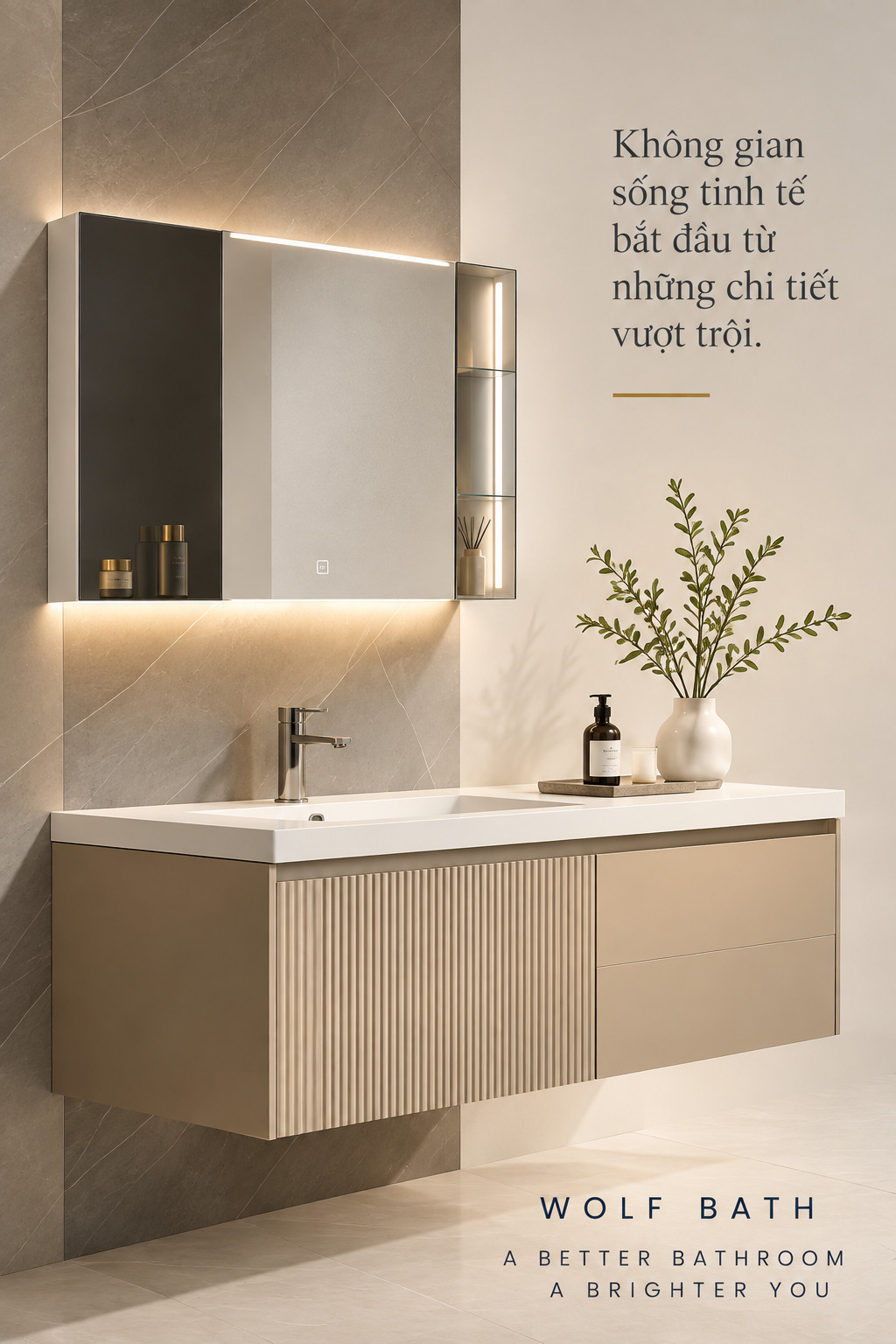 Bộ tủ gương lavabo phòng tắm cao cấp Wolf Bath 2T Pro