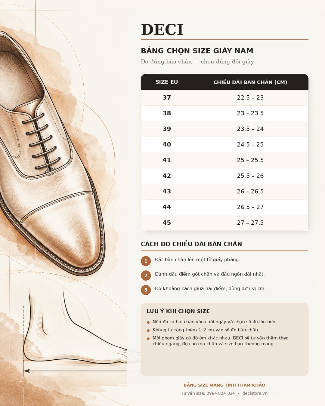 Bảng chọn size giày nam DECI theo chiều dài bàn chân