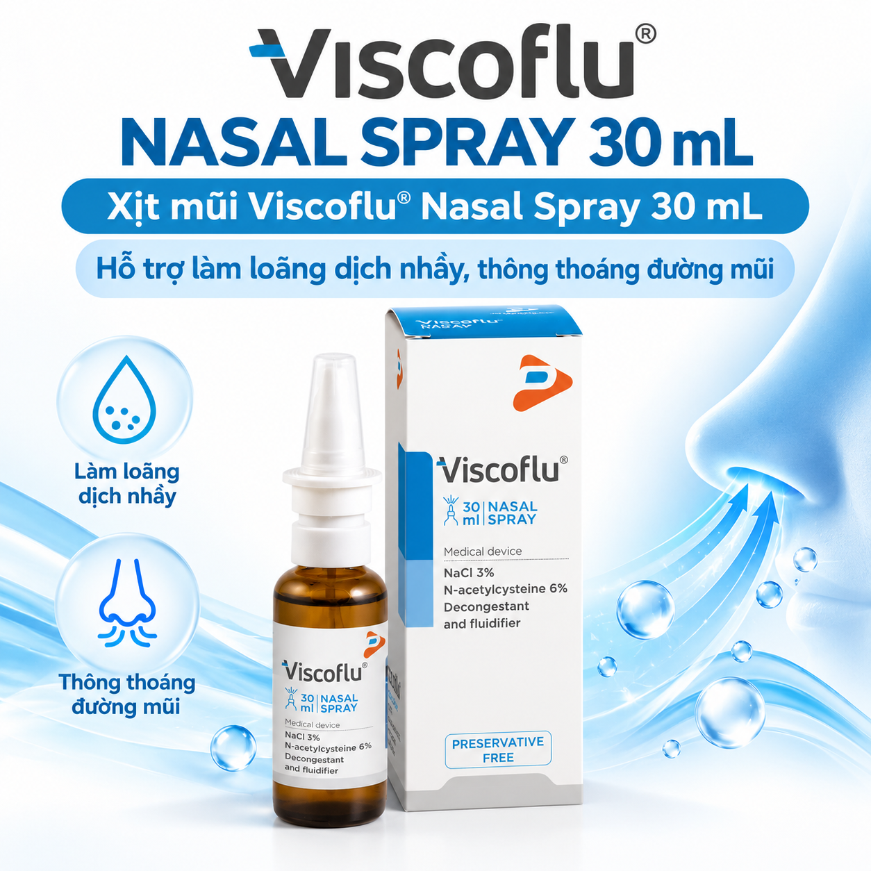 Xịt mũi Viscoflu® Nasal Spray 30 mL – Hỗ trợ làm loãng dịch nhầy, thông thoáng đường mũi