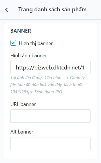 Popup cấu hình phần Banner - trang danh sách sản phẩm