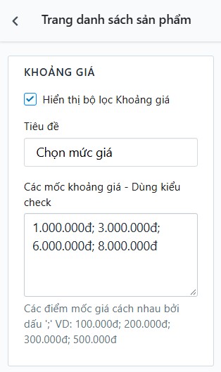 Popup cấu hình phần Bộ lọc giá
