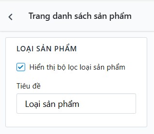 Popup cấu hình phần Loại sản phẩm