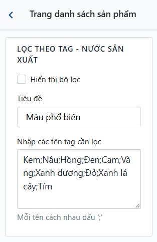 Popup cấu hình phần lọc Tag 1