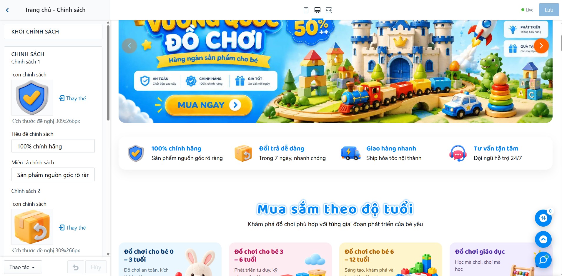 Block Trang chủ - Chính sách trong Tùy chỉnh Giao diện