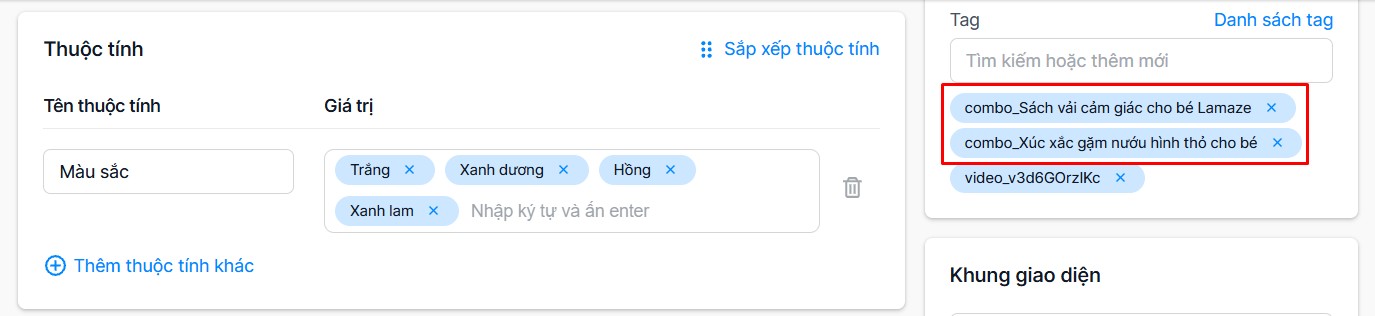 Nhập tag combo_ vào sản phẩm chính trong admin Sapo