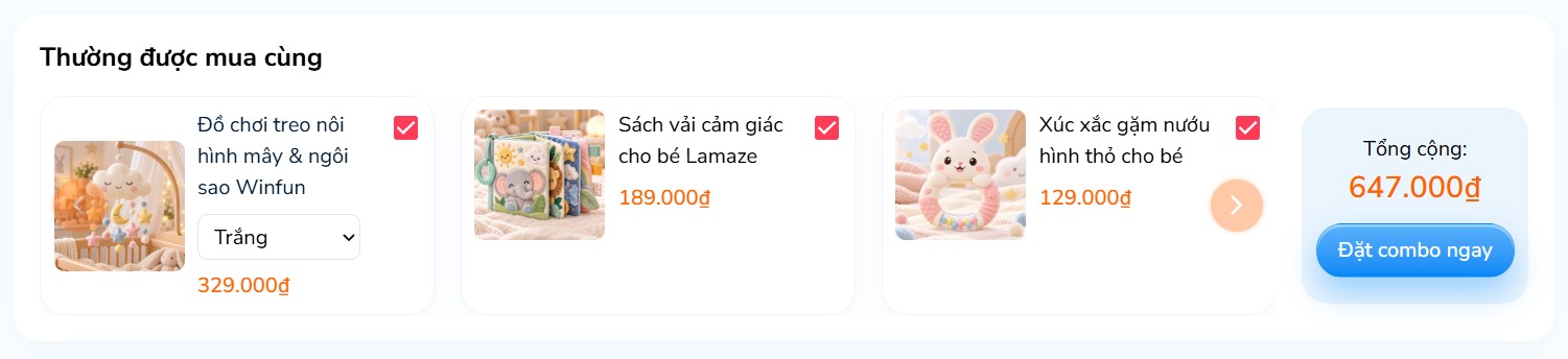 Kết quả hiển thị khối Thường được mua cùng trên trang chi tiết sản phẩm
