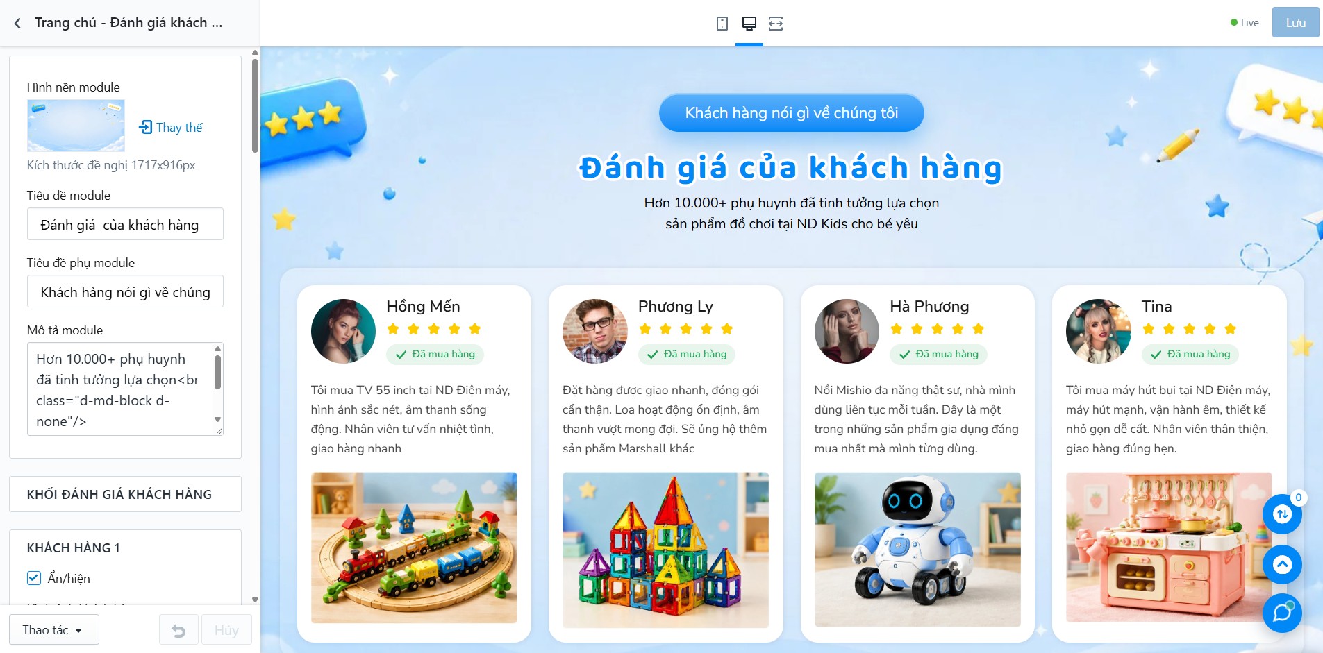 Block Trang chủ - Đánh giá khách hàng trong Tùy chỉnh Giao diện