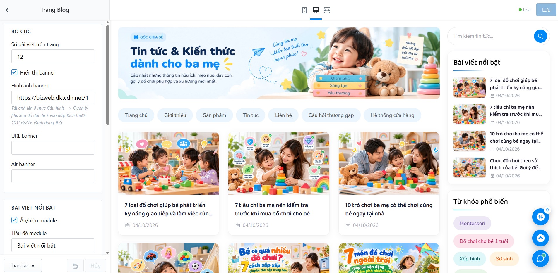 Block Trang danh sách tin tức trong Tùy chỉnh Giao diện