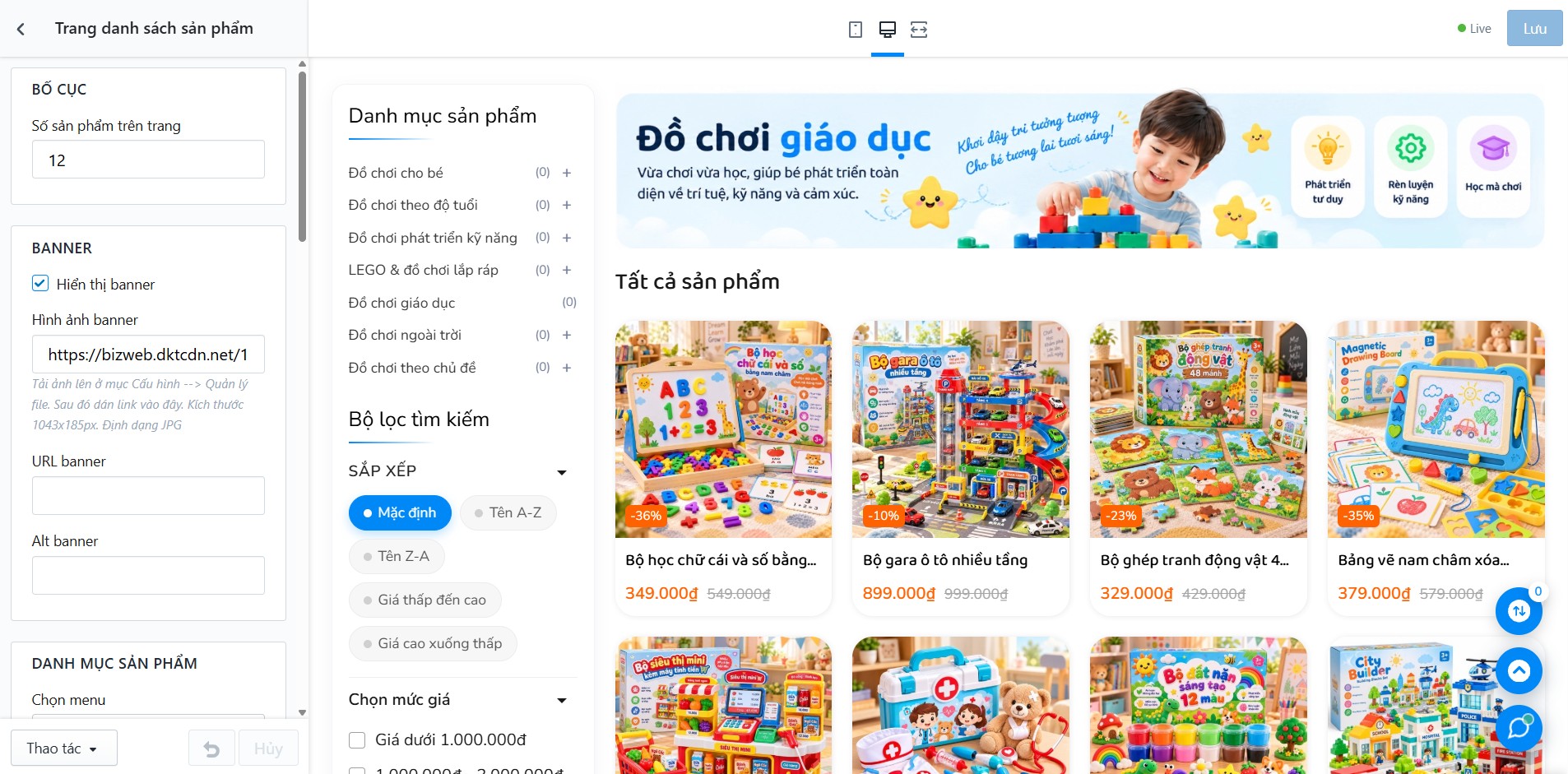 Block Trang danh sách sản phẩm trong Tùy chỉnh Giao diện