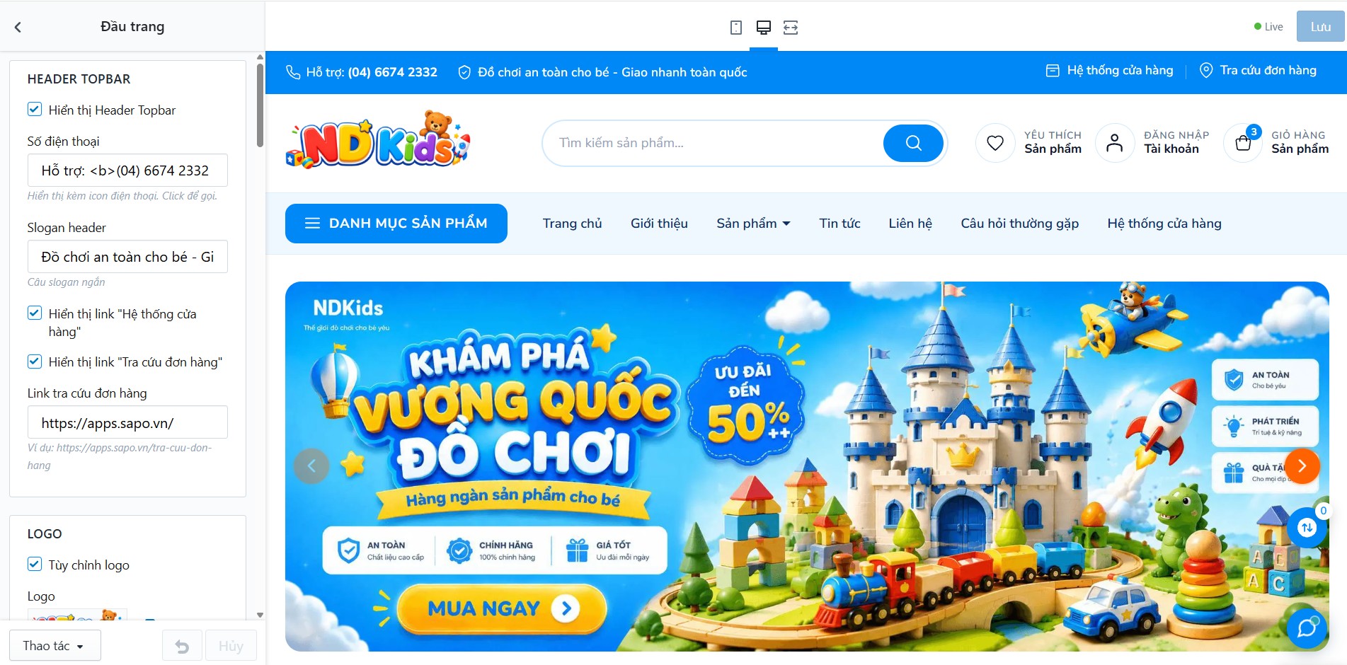 Block đầu trang trong Tùy chỉnh Giao diện