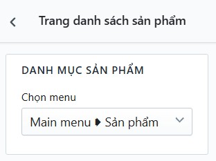 Popup cấu hình phần Danh mục sản phẩm - chọn menu