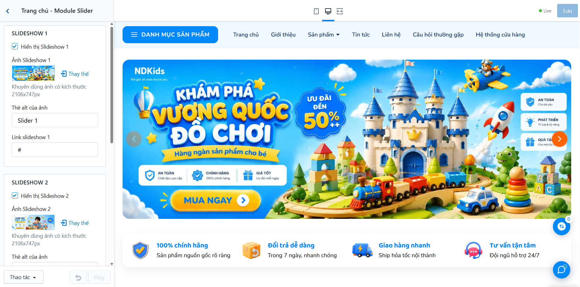 Block Trang chủ - Module Slider trong Tùy chỉnh Giao diện