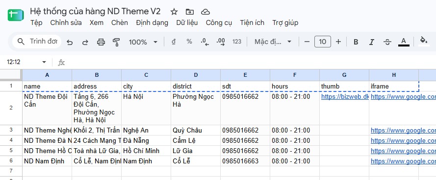 Link Google Sheet danh sách cửa hàng