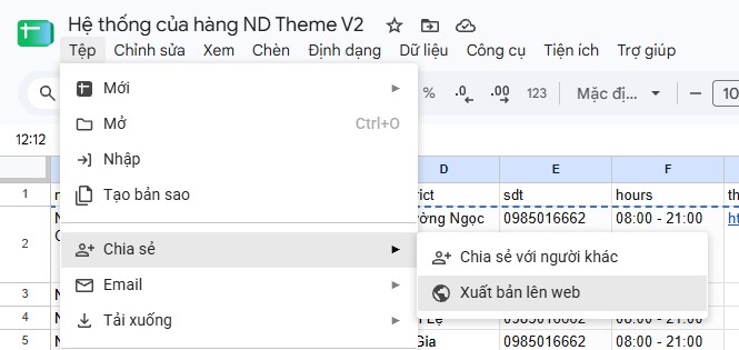 Link Google Sheet danh sách cửa hàng