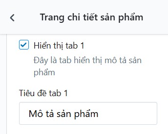 Bật Hiển thị tab 1 và nhập tiêu đề tab 1